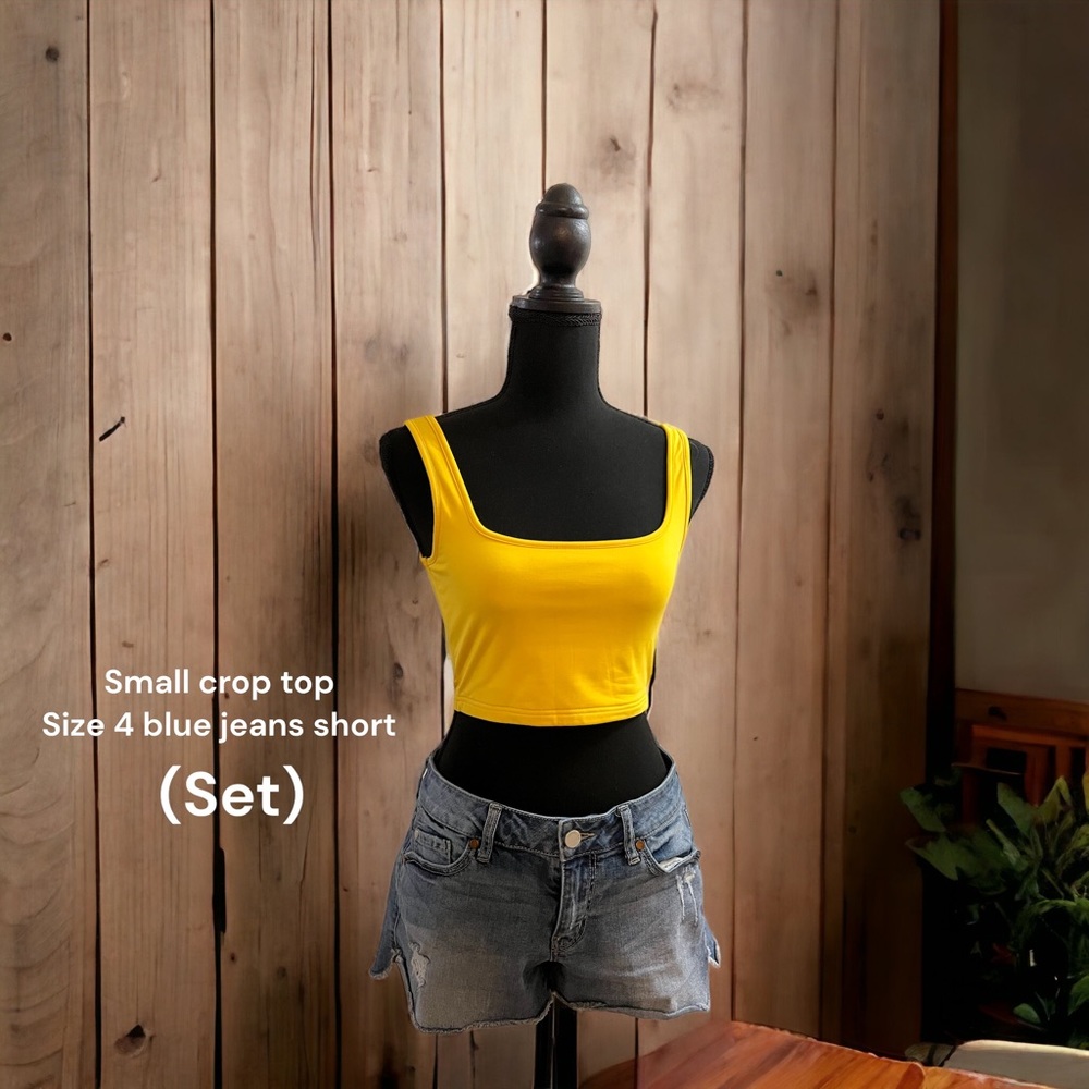 Small crop top and size 4 blue jean shorts sets